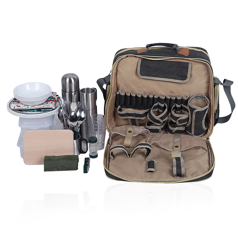 Camping Cooking Dishes - ポータブル高級キャンプピクニック食器セット、断熱バッグ付き屋外食器セット、4人用キャンプ調理用品