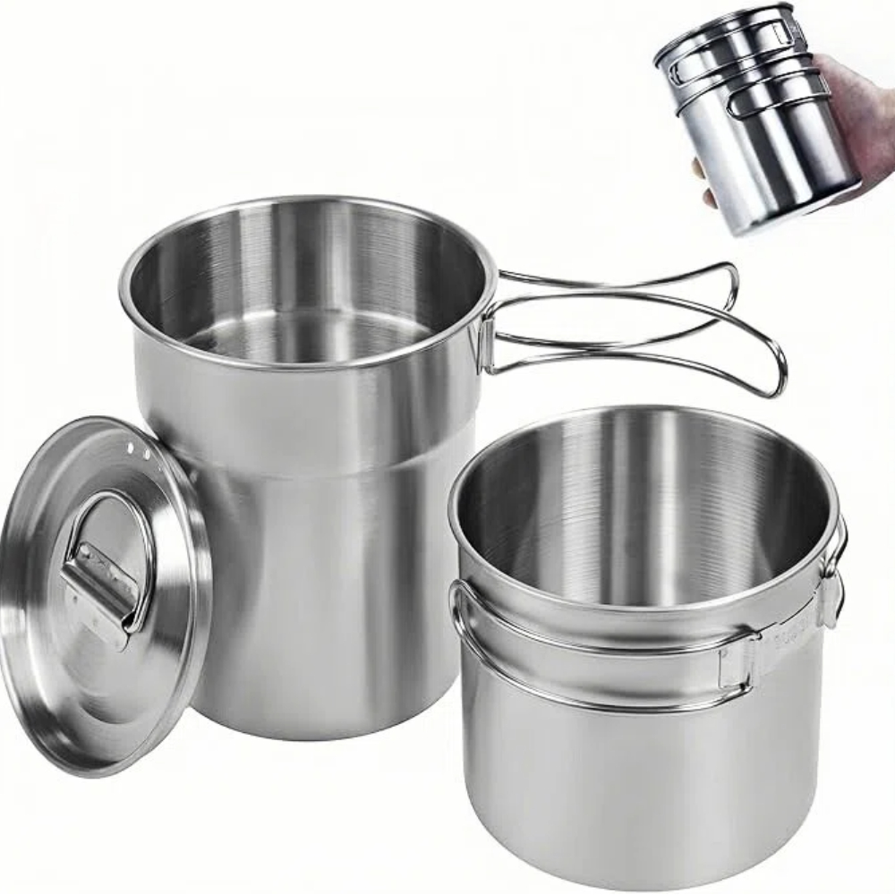 Camping Cooking Pots And Pans - 折りたたみ式キャンプカップマグカップキャンプポット調理器具304食品グレード屋外キャンプクッキングセット（通気蓋付き、ステンレス鋼バックパック）