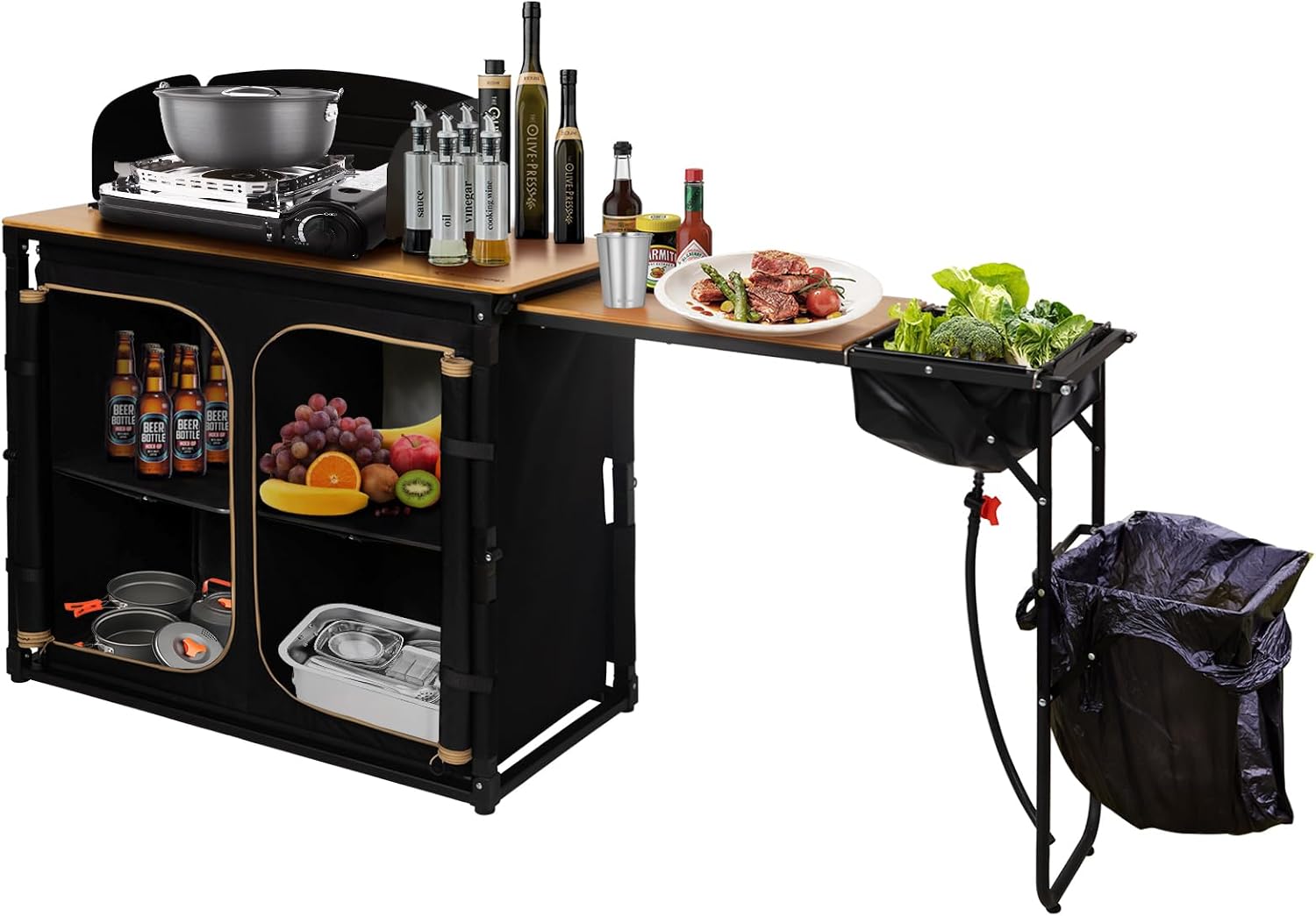 Camping Cooking Table With Windshield - 竹製キャンプキッチンステーション折りたたみ式オーバーランドキャンプテーブルフック付きポータブル屋外調理台、調整可能なランタンポール、風よけ、収納オーガナイザーラックユニット、テールゲーティング、バーベキュー、ピクニック用、ブラウン