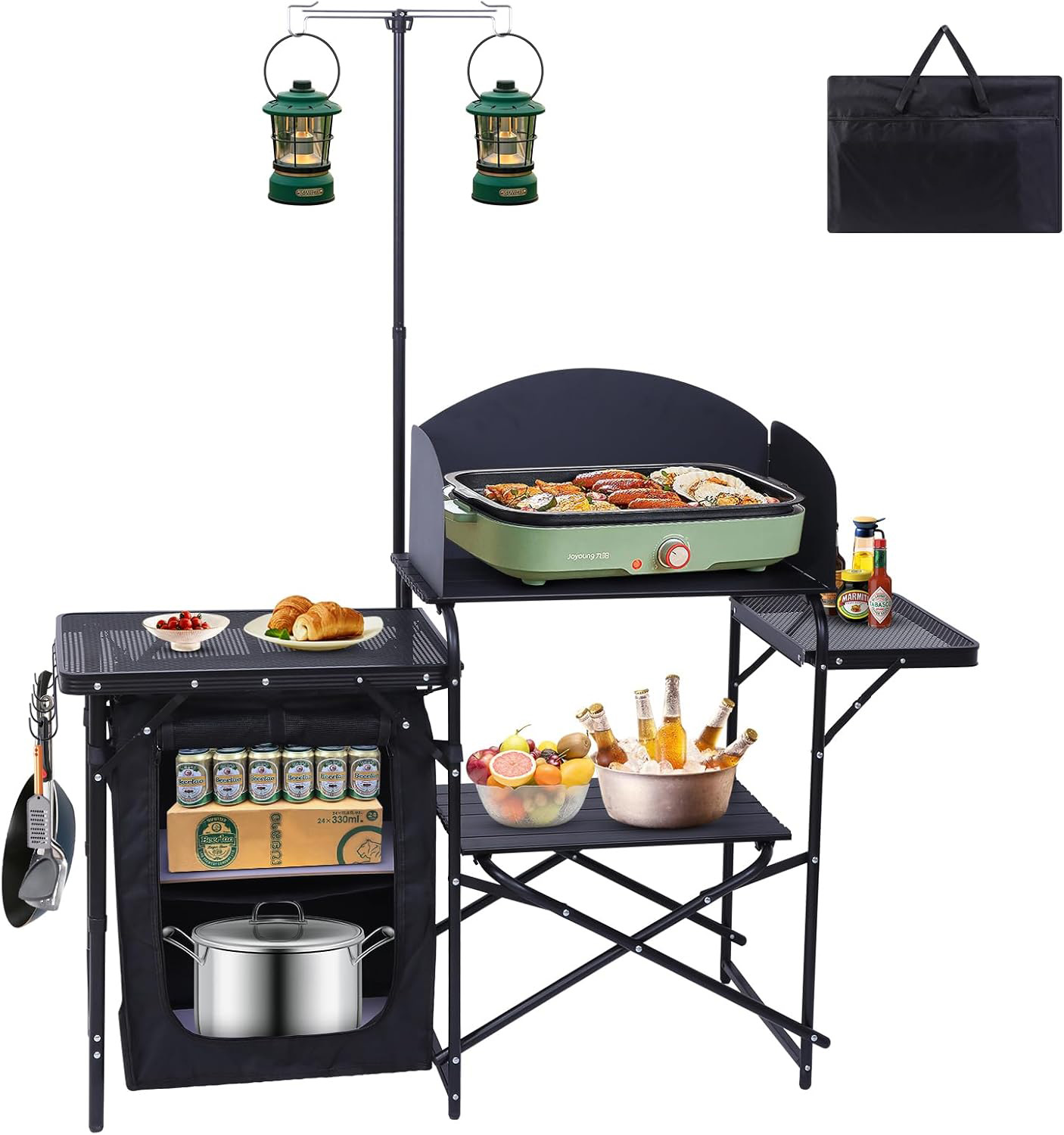 Camping Cooking Table With Windshield - キャンプキッチンステーション、折りたたみテーブル＆オーガナイザー、アップグレードされたライトスタンドと風防付きクッキングステーション、キャリーバッグ