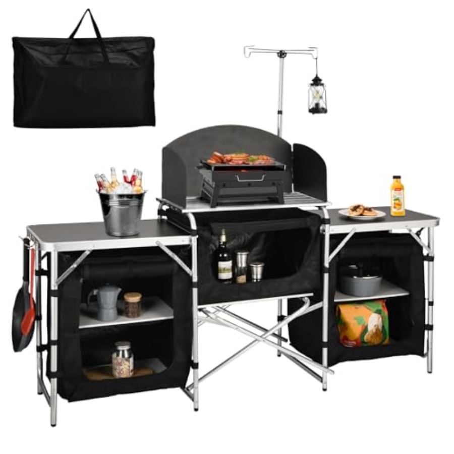 Camping Cooking Table With Windshield - Cmaping キッチンテーブル、アルミニウム製折りたたみ式キャンプクックステーション、ウィンドシールド付き、アップグレードライトスタンド、収納バッグ、クイックインストール
