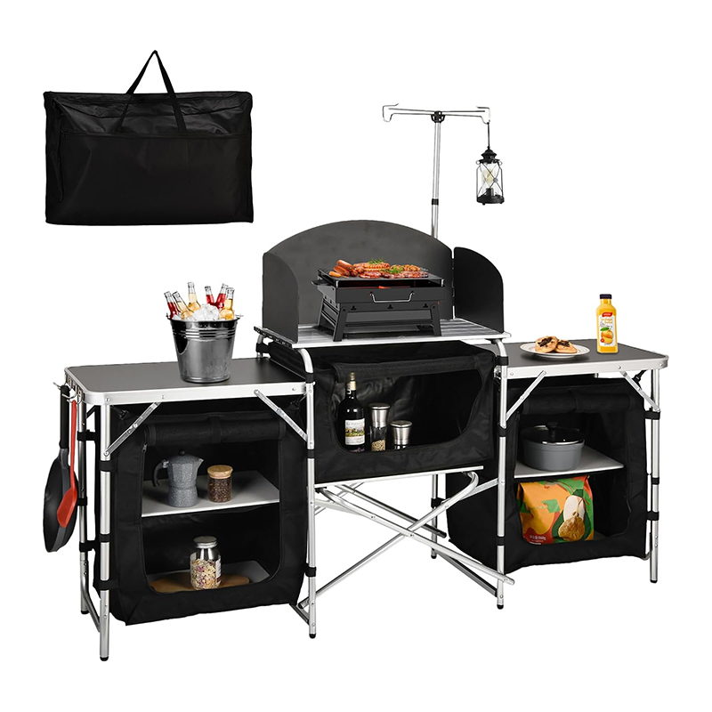 Camping Cooking Table With Windshield - カスタム多機能3キャビネット取り外し可能フロントガラス付きキャンプBBQ調理ケータリングピクニック折りたたみ式屋外モバイルキッチンダイニングテーブル