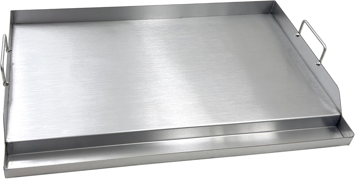 Camping Cooking Flat Top - ステンレス鋼フラットトップBBQ調理グリドルプレートユニバーサルヘビーデューティーグリルトッパーシートサイドハンドル調理面アウトドアキャンプバーベキューアクセサリーシルバー1個