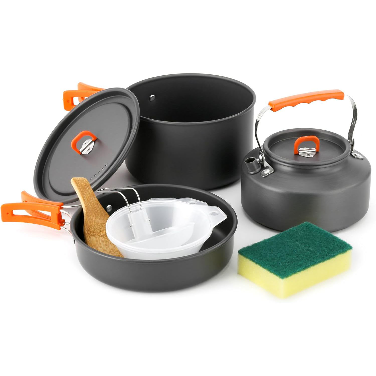 Camping Cooking Pots And Pans - キャンプ用調理器具 キャンプ用ポットとフライパンセット ケトル付き プラスチックボウルとスープスプーン キャンプ、バックパッキング、アウトドアクッキング、P用