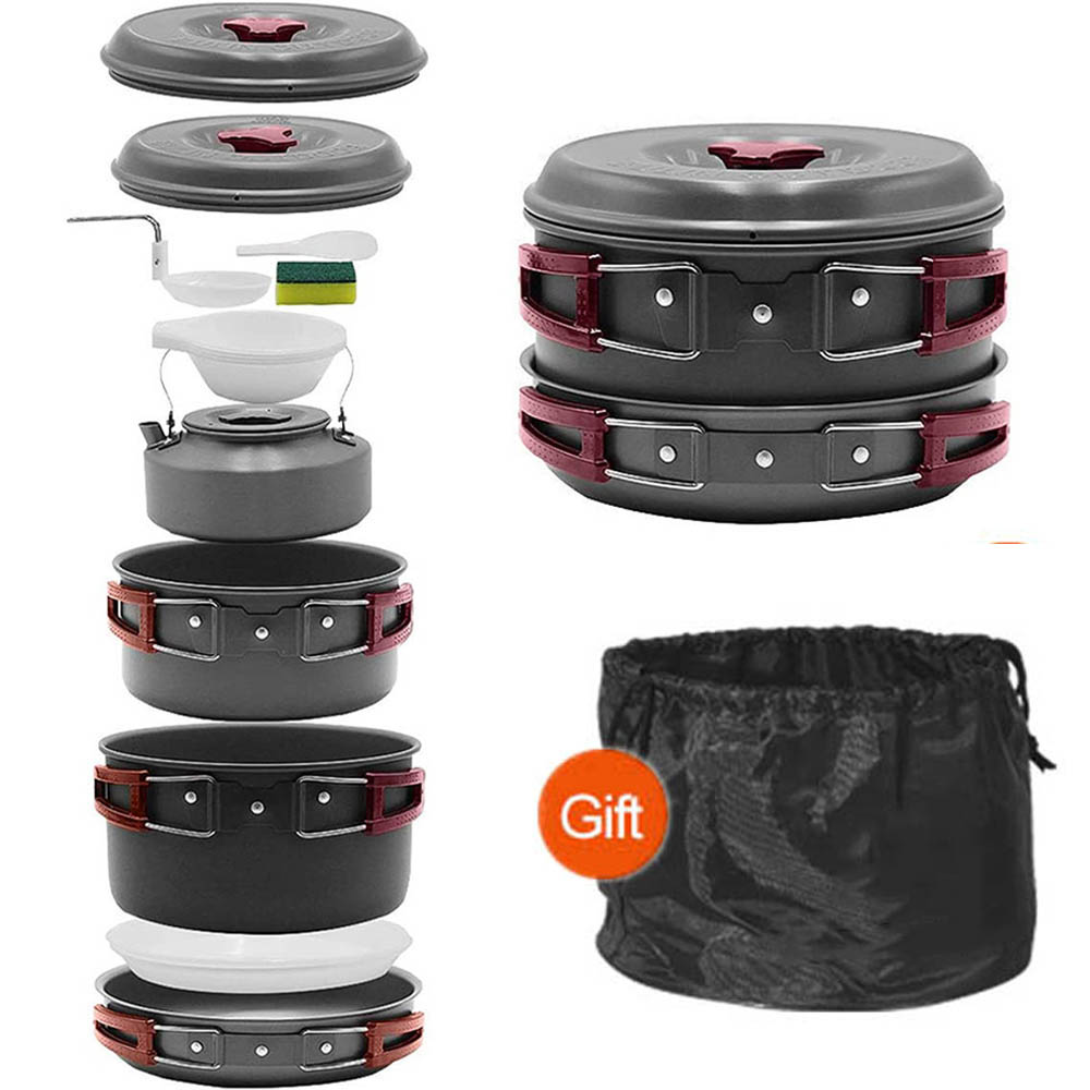 Camping Cooking Pots And Pans - 3〜4人用のポータブル屋外調理セット、フライパン、キャンプ鍋、ハードアルミナクッキング、お茶、水、バーベキュー、肉、キャンプ