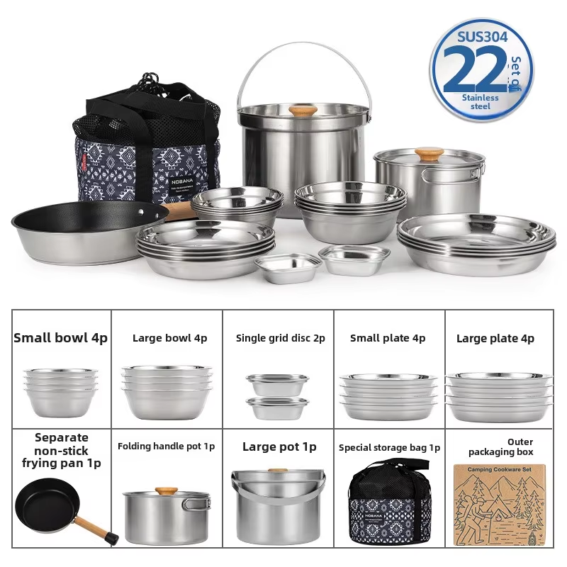 Camping Cooking Pots And Pans - NOBANA 最新の屋外ステンレス鋼ポットセットキャンプファミリーポットセット 5L ポータブルピクニックスープポット揚げ蒸し家庭用ポット