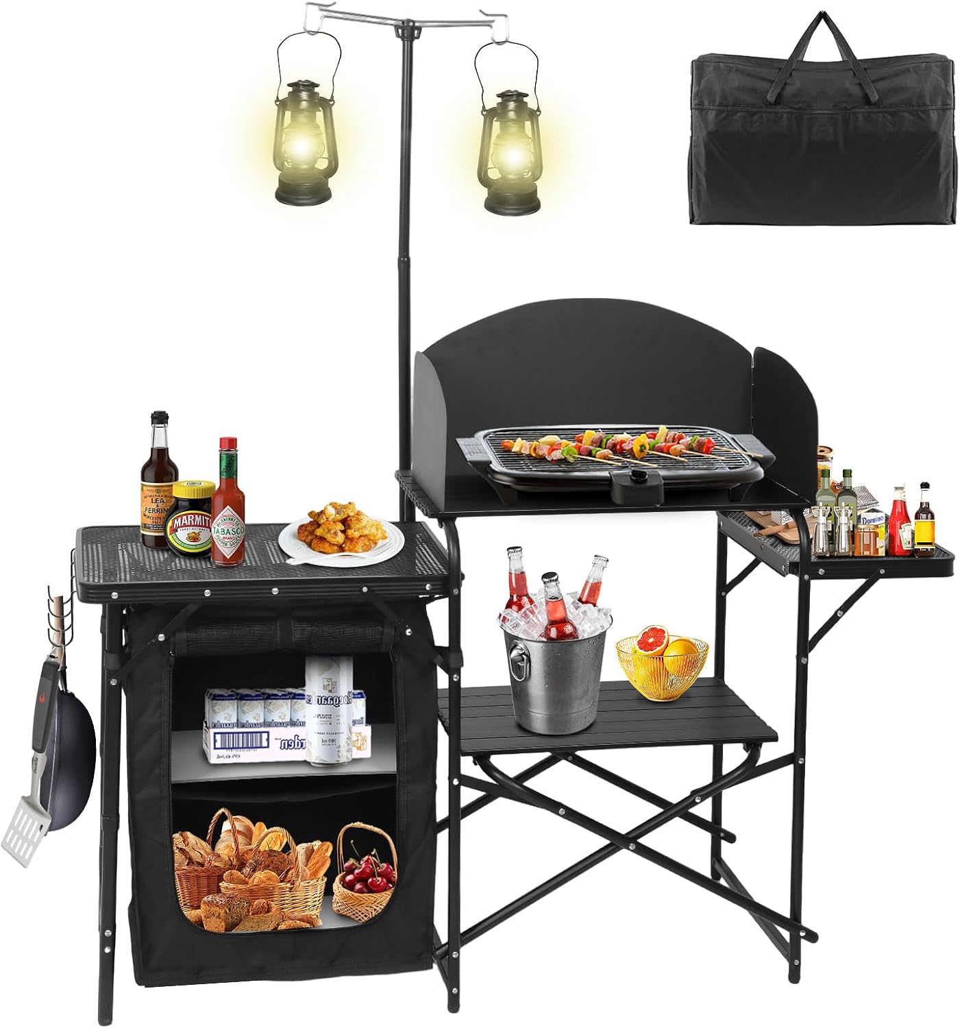 Camping Cooking Table With Windshield - 持ち運び可能な折りたたみ式キャンプキッチンステーション（ライトスタンドと風よけ付き）、テールゲーティング用BBQ準備台、屋外調理＆グリル用