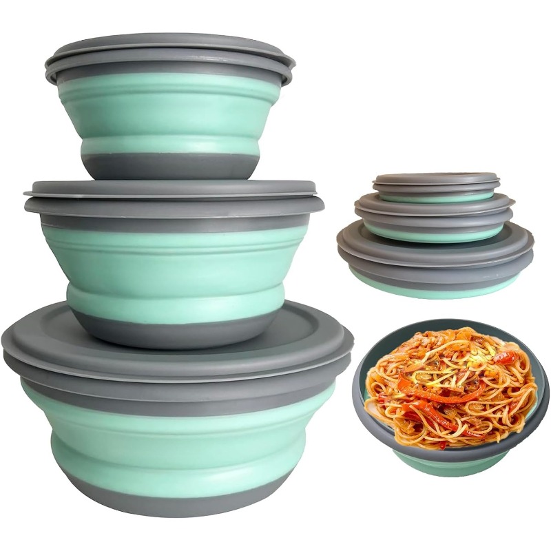 Camping Cooking Dishes - 3個入りシリコン製折りたたみランチボックスセット、ピクニック、キャンプ、ハイキング用の折りたたみ式携帯ボウル、蓋付き、食品グレード、省スペース