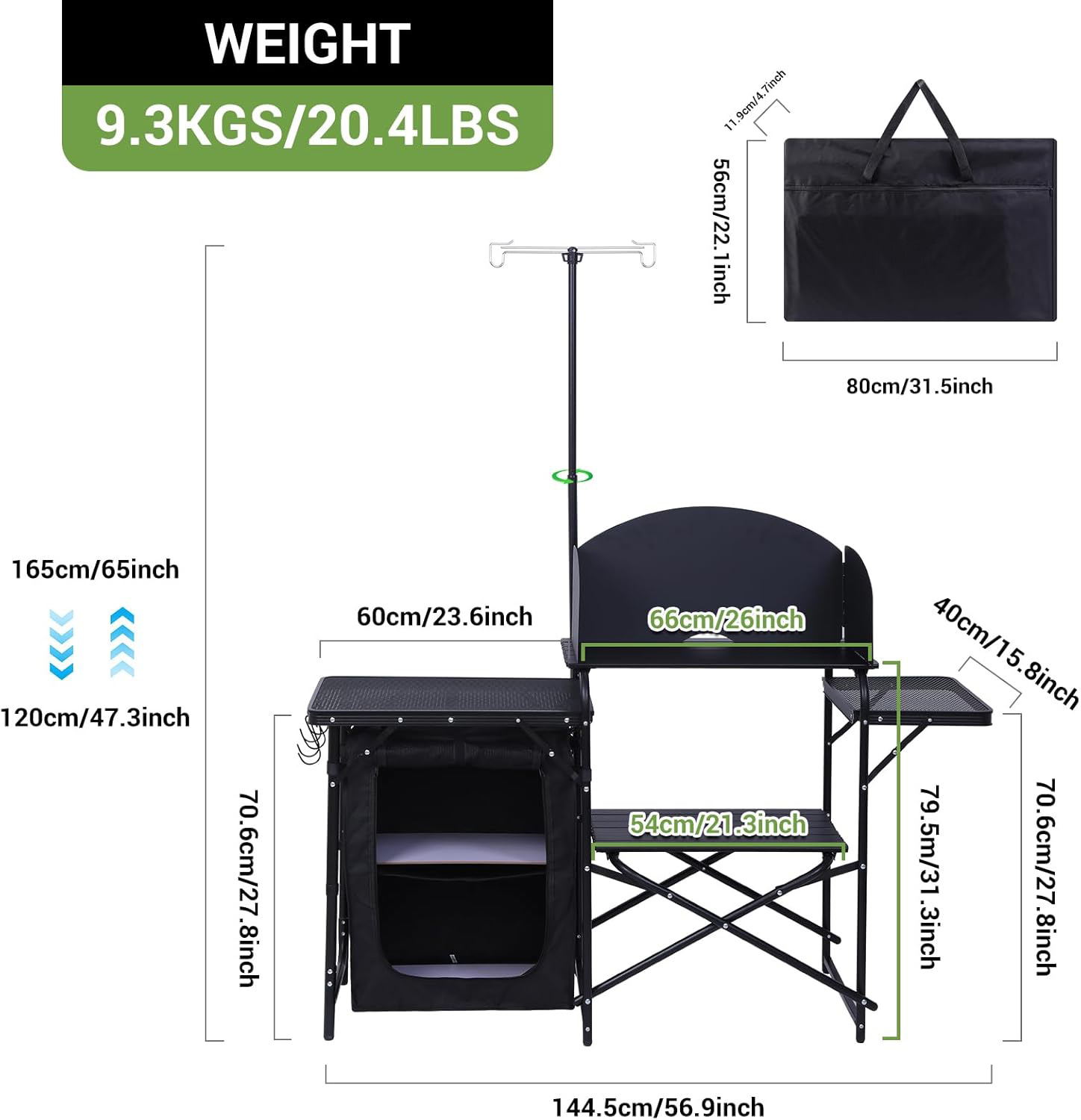 Camping Cooking Table With Windshield - キャンプキッチンステーション、折りたたみテーブル＆オーガナイザー、アップグレードされたライトスタンドと風防付きクッキングステーション、キャリーバッグ
