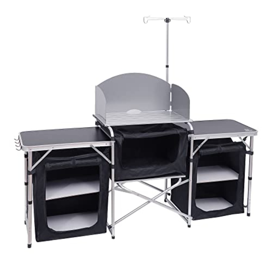 Camping Cooking Table With Windshield - キャンプ用キッチンテーブル、折りたたみ式クックテーブル、アップグレードされたライトスタンドと防風クックステーション、3つのオーガナイザー、グリル用キャリーバッグ
