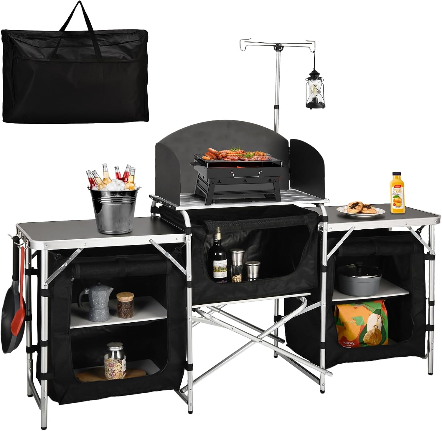 Camping Cooking Table With Windshield - アルミ製折りたたみ式キャンプキッチンテーブル＆調理台（風よけ付き）、改良型ライトスタンド、収納バッグ付き、クイックセットアップ