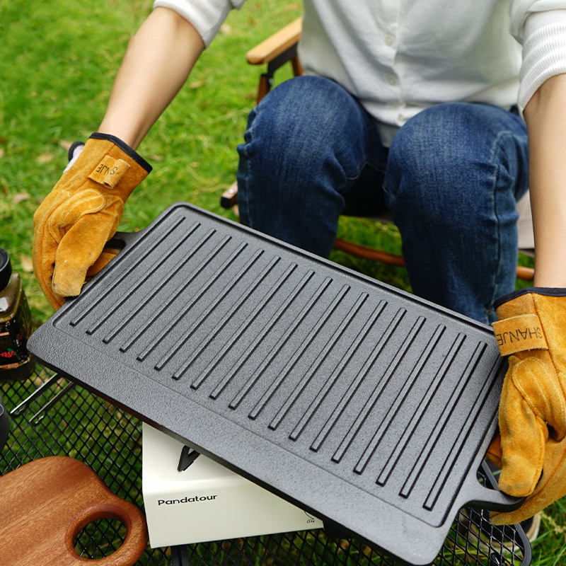 Camping Cooking Flat Top - 両面使える鋳鉄グリルパン、屋外キャンプBBQステーキ調理用フラットトップグリドル、リバーシブルスキレット（グリルリブ付き）