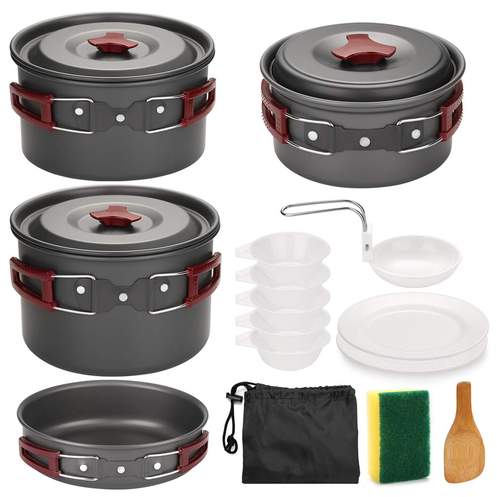 Camping Cooking Pots And Pans - アウトドア キャンプ調理器具キット ノンスティック キャンプパン 軽量調理セット パンとポット