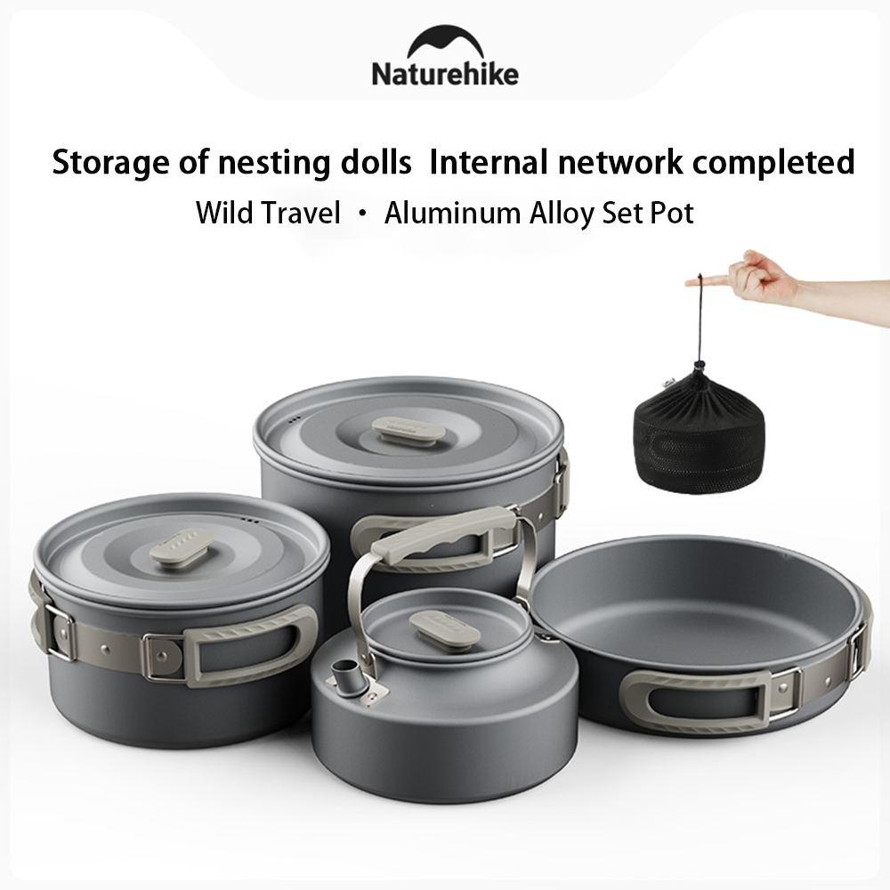 Camping Hiking Cooking - Naturehike アウトドアポットセット、キャンプ調理器具、ポータブルステンレス鋼フライパンハンギングポット、ハイキングピクニック食器