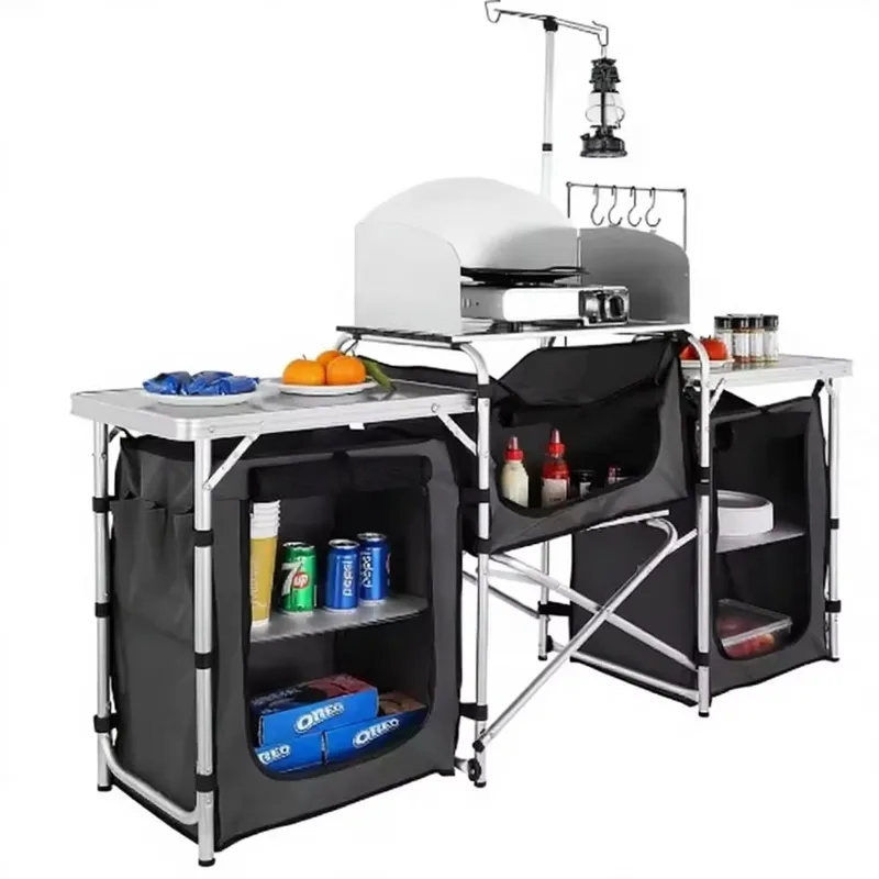 Camping Cooking Table With Windshield - 卸売大型アルミ製屋外キャンプキッチンステーション収納棚折りたたみ式調理台風よけ付きファミリー向け