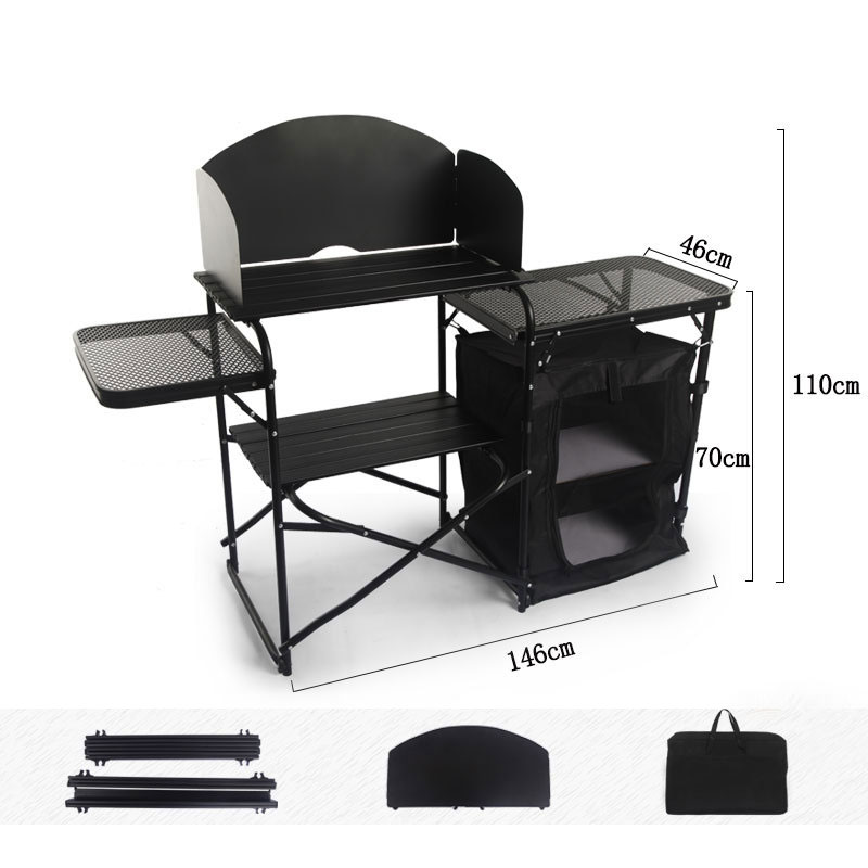 Camping Cooking Table With Windshield - 工場卸売 ポータブル屋外折りたたみ式キッチンテーブル アルミ製キャンプ用調理台 収納付き風防付き