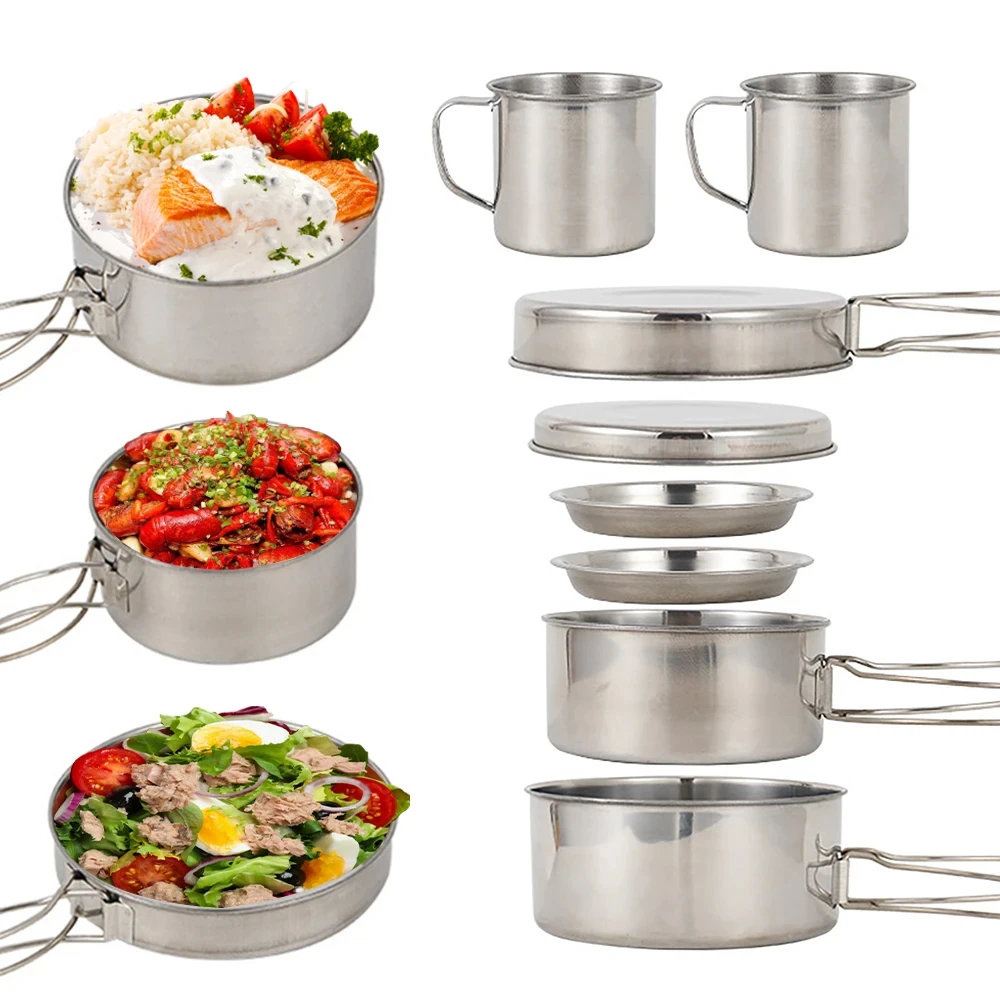 8個/セット キャンプ調理器具セット ステンレス製鍋とフライ - Camping Cooking Pots And Pans のレビューと価格