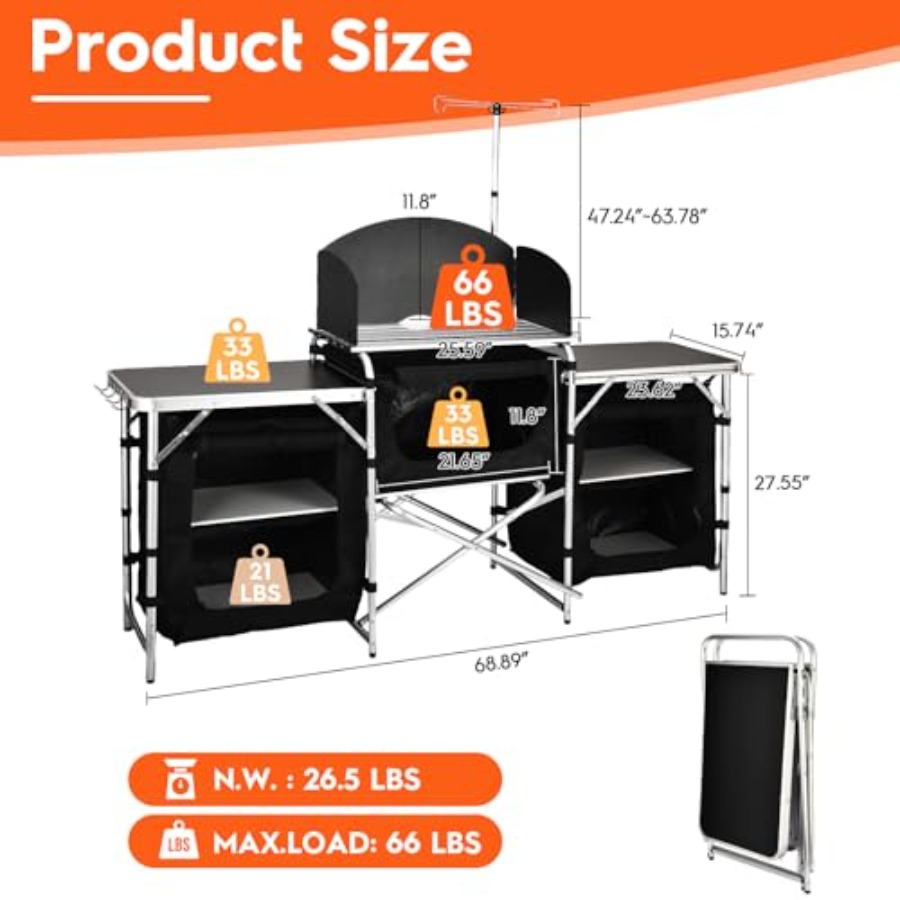 Cmaping キッチンテーブル、アルミニウム製折りたたみ式 - Camping Cooking Table With Windshield のレビューと価格