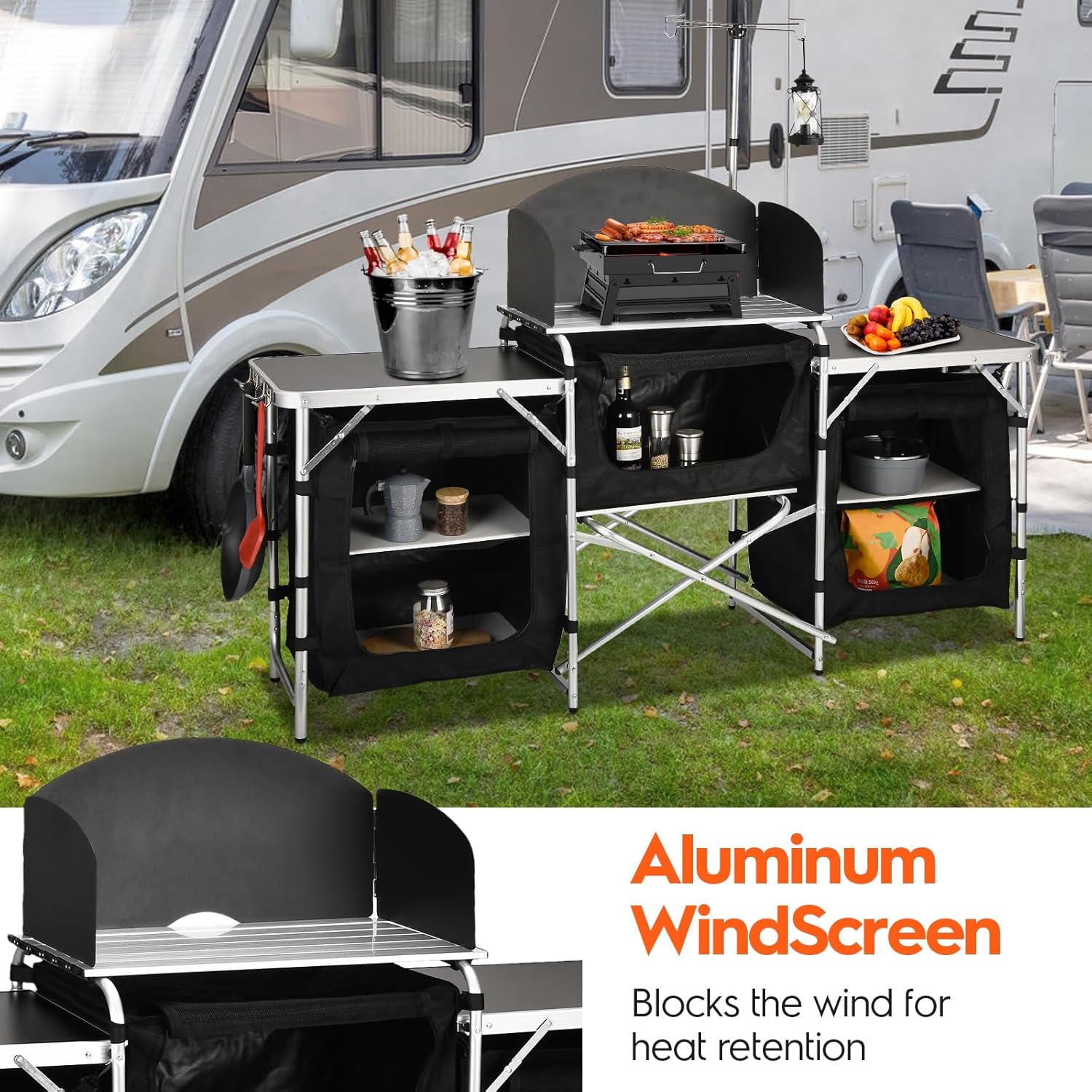 カスタム多機能3キャビネット取り外し可能フロントガラス付きキ - Camping Cooking Table With Windshield のレビューと価格