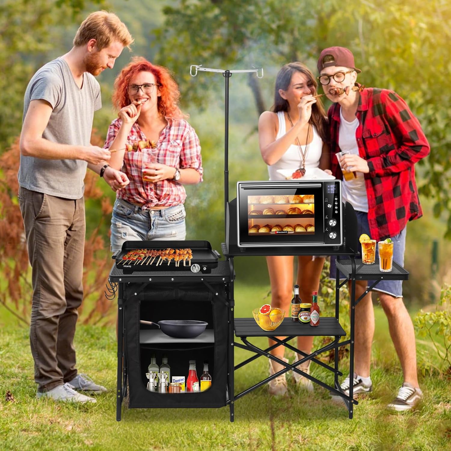 持ち運び可能な折りたたみ式キャンプキッチンステーション（ライ - Camping Cooking Table With Windshield のレビューと価格