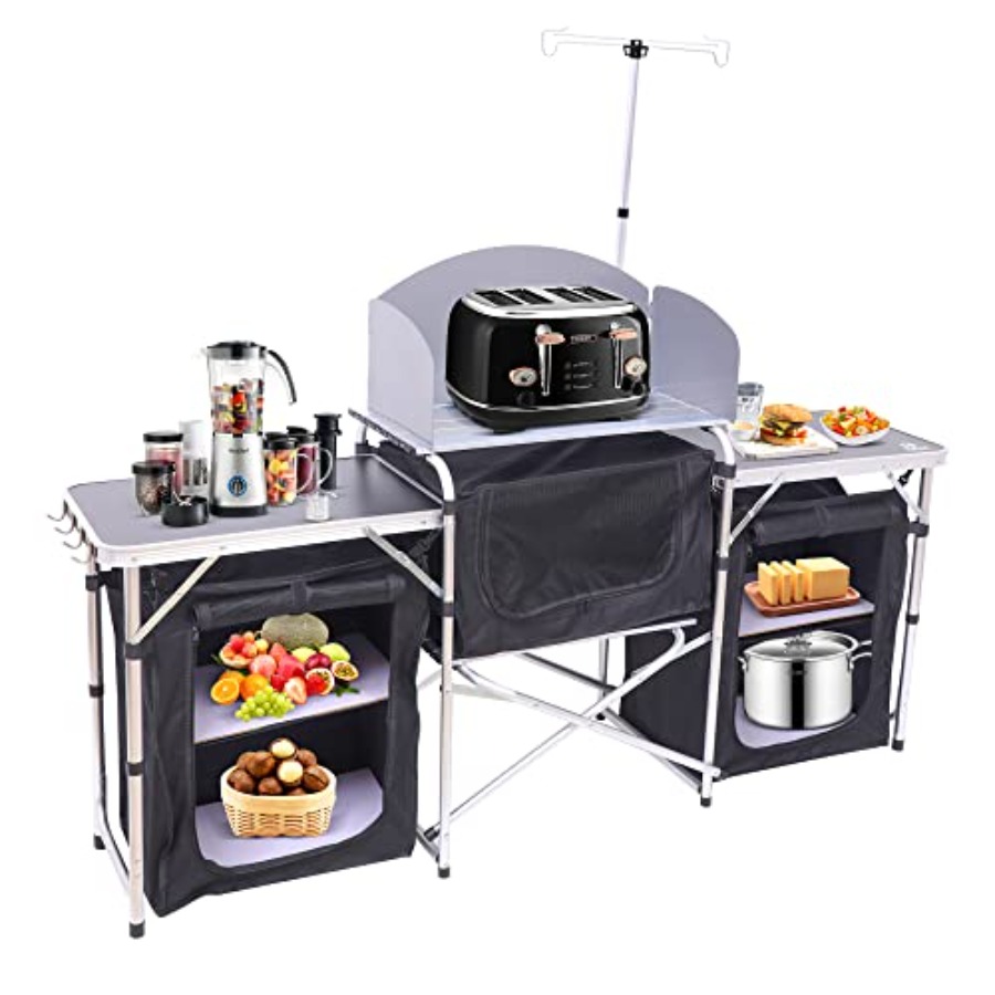キャンプ用キッチンテーブル、折りたたみ式クックテーブル、アッ - Camping Cooking Table With Windshield のレビューと価格