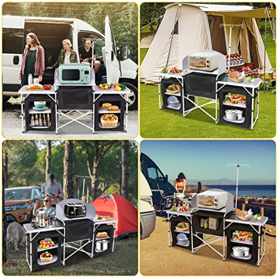 キャンプ用キッチンテーブル、折りたたみ式クックテーブル、アッ - Camping Cooking Table With Windshield のレビューと価格