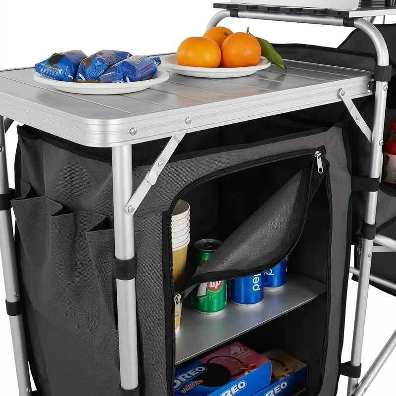 卸売大型アルミ製屋外キャンプキッチンステーション収納棚折りた - Camping Cooking Table With Windshield のレビューと価格