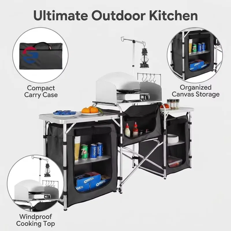 卸売大型アルミ製屋外キャンプキッチンステーション収納棚折りた - Camping Cooking Table With Windshield のレビューと価格