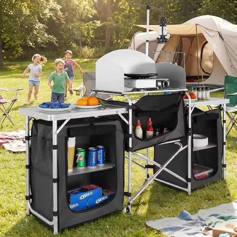 卸売大型アルミ製屋外キャンプキッチンステーション収納棚折りた - Camping Cooking Table With Windshield のレビューと価格